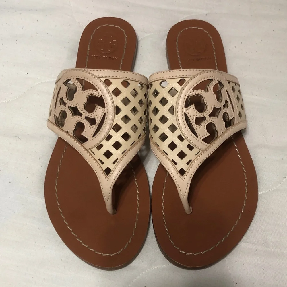 Tory Burch Cream and Brown Logo Cutout Thong Sandals